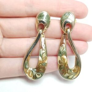 Vintage Funky Door Knocker Style Dangle Post Earrings, Gold Tone Enamel Estate